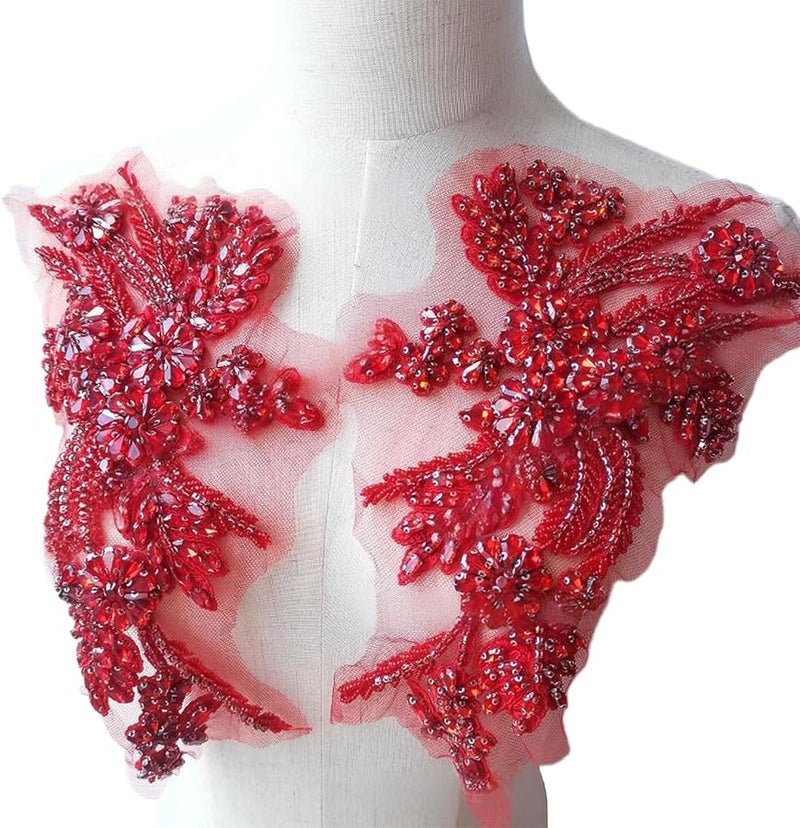 بقع تطبيق الراين الأحمر لتزيين طوق فستان السهرة والخياطة في تصميم الأزياء - Image 1